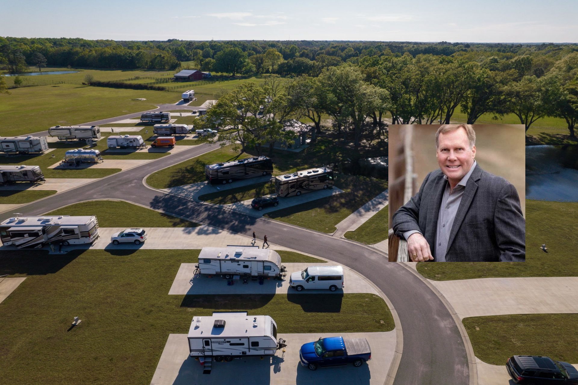Aerial view of Homestead RV Park featuring spacious RV sites, paved roads, and landscaped grounds, with a portrait of RV park consultant Ed O. Bridgman overlaid on the image. Ed specializes in helping entrepreneurs and investors learn how to start, develop, and successfully operate RV parks and campgrounds.